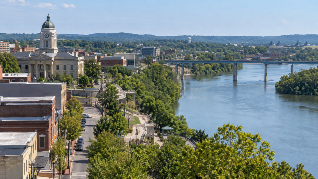 Editorial illustration of a regional riverfront community